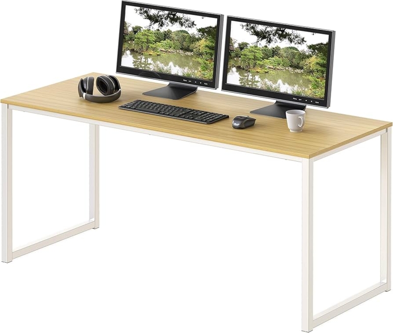 Computer Desk Featuring White Metal Frame and Oak Top