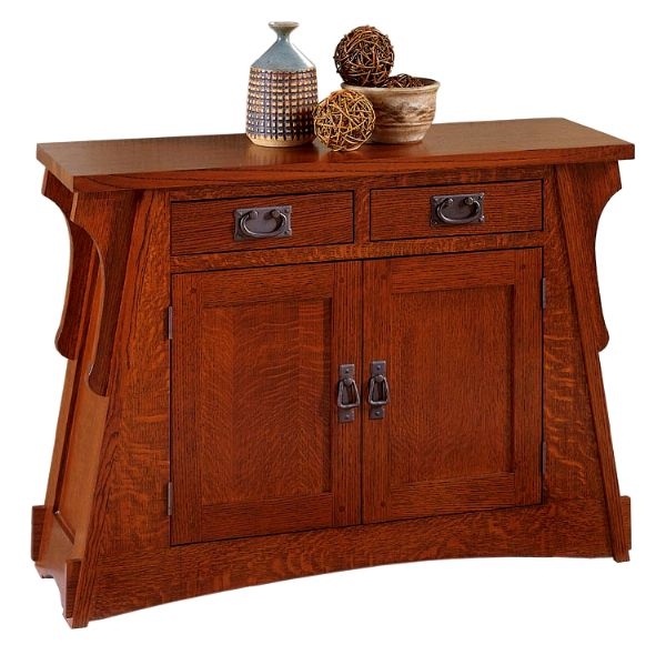 Console Cabinet Quarter Sawn Oak Honey Brown Drop Pulls Arched Base
