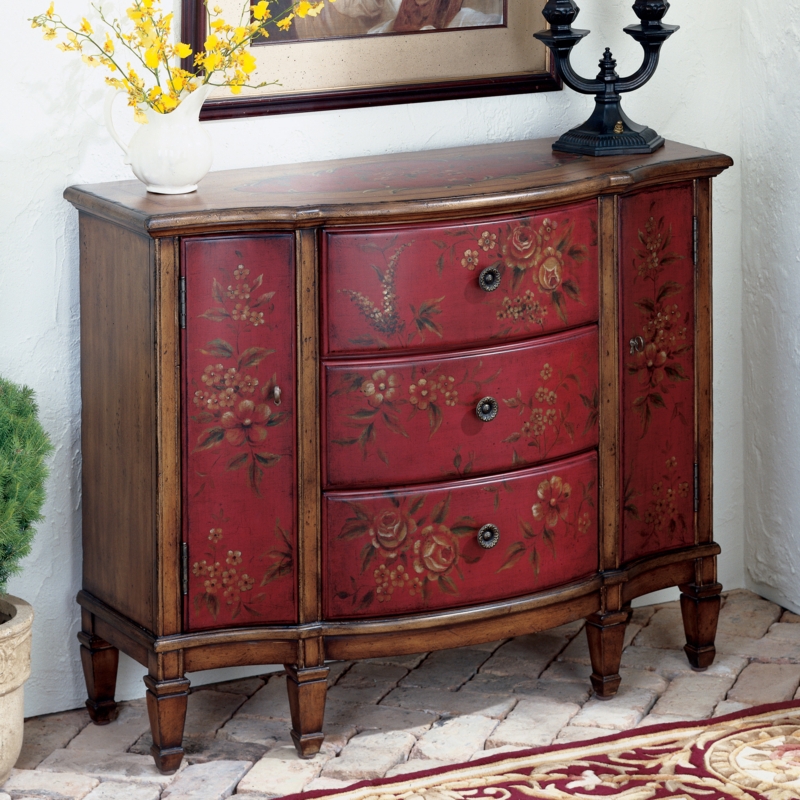 Console Chest Bowed Front Hand Painted Floral French Country Crimson
