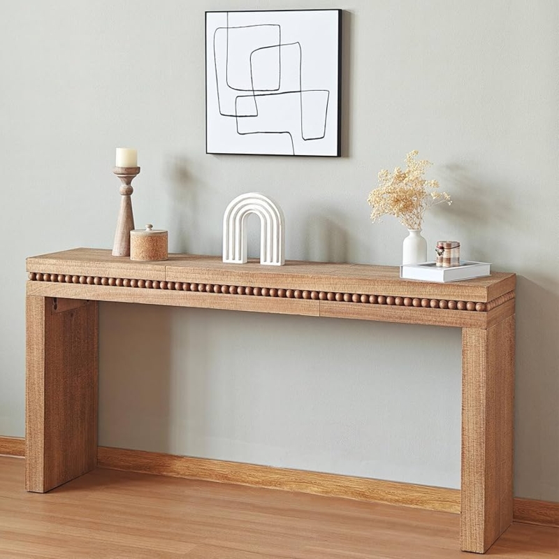 Console Table: Antique Wood Finish with Decorative Bead Trim.