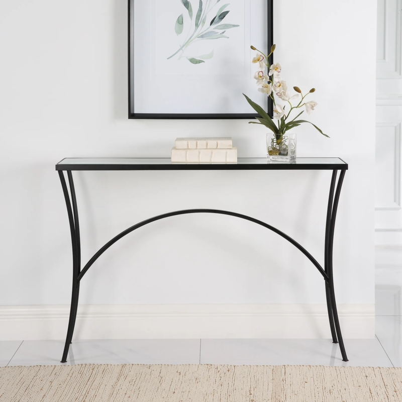 Console Table Arched Base Metal Frame Mirrored Top Slim