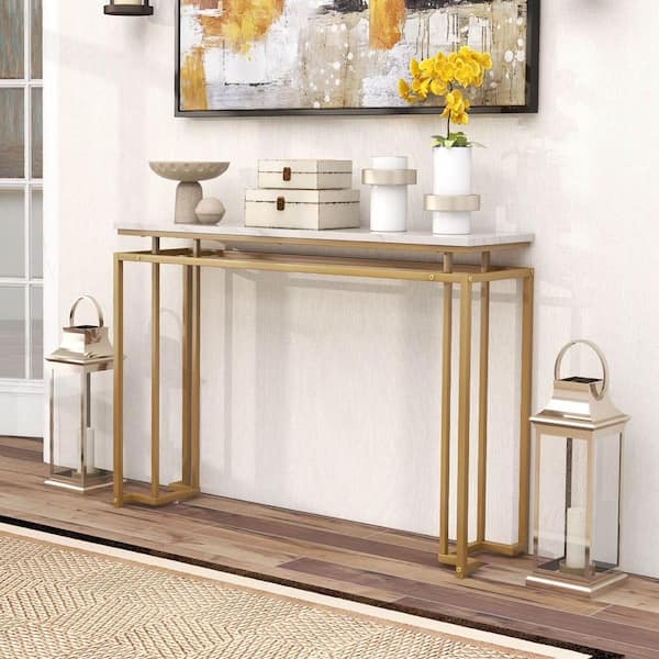 Console Table Architectural Gold Base Faux Marble Top GlamEntryway