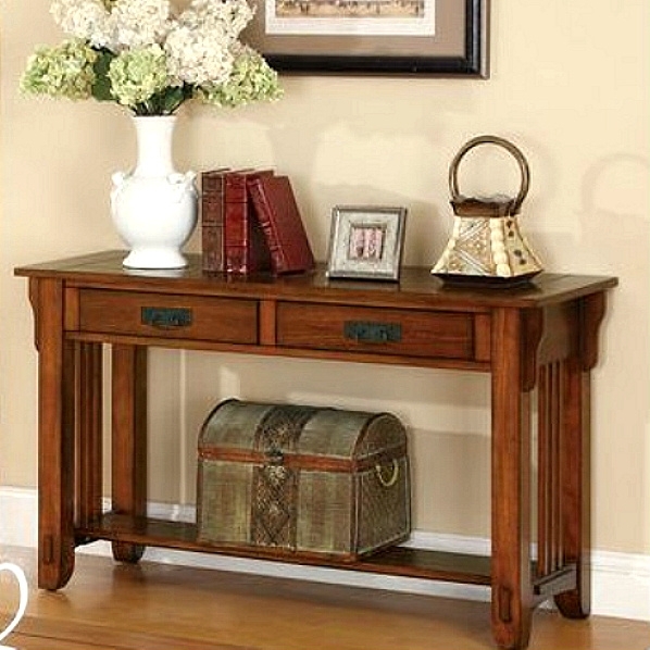 Console Table Arts and Crafts Honey Oak Two Drawers Block Legs