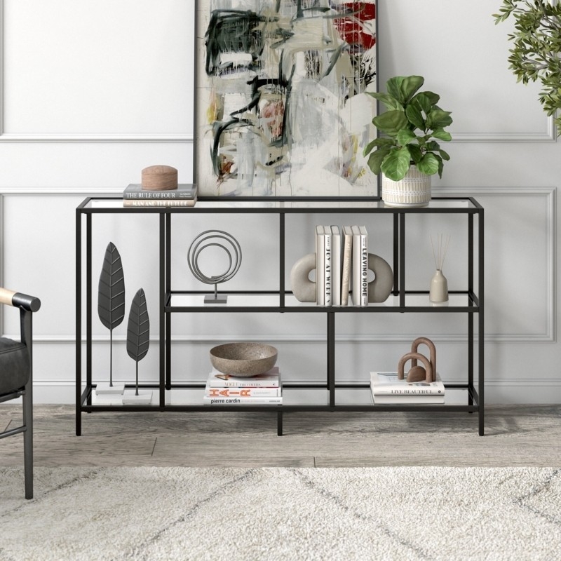 Console Table Asymmetrical Internal Dividers Metal Frame Glass