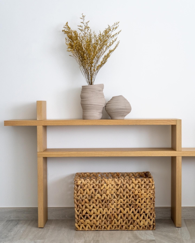 Console Table: Asymmetrical Tiered Shelving, Cantilevered Edge.