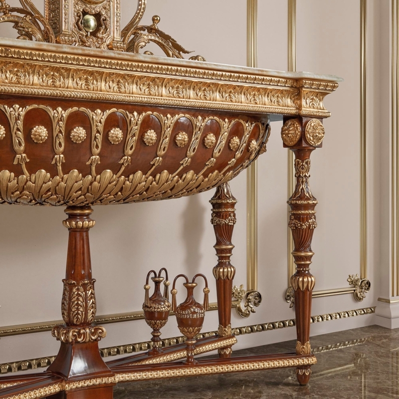 Console Table, Basin Shaped Body, Gilded Hand Carved Relief