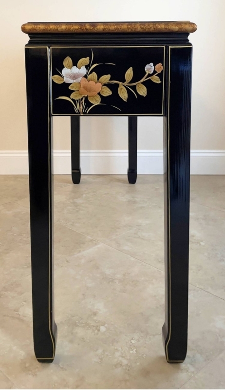 Console Table Black Lacquer Chinoiserie Hand Painted Floral Ming Style