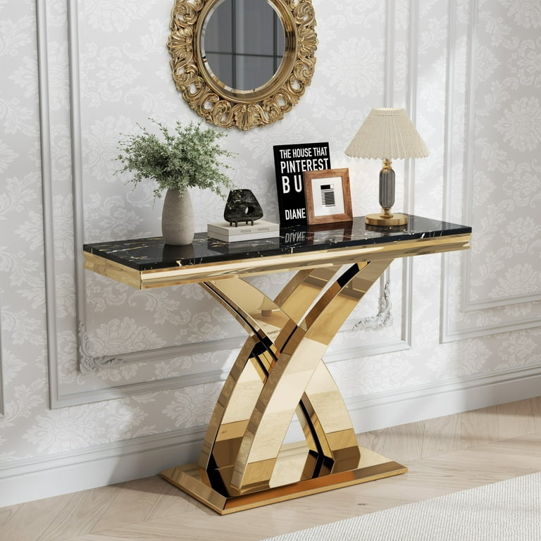 Console Table Black Marble Top X-Shaped Base Polished Finish Modern