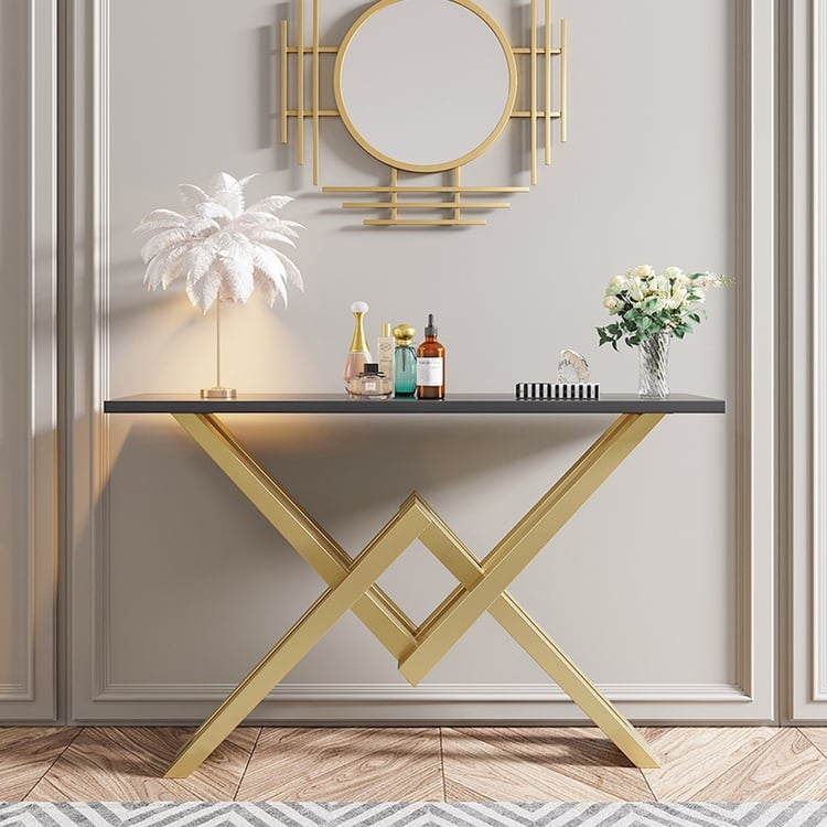 Console Table Black Top Gold Interlocking Diamond Trestle Base Glam