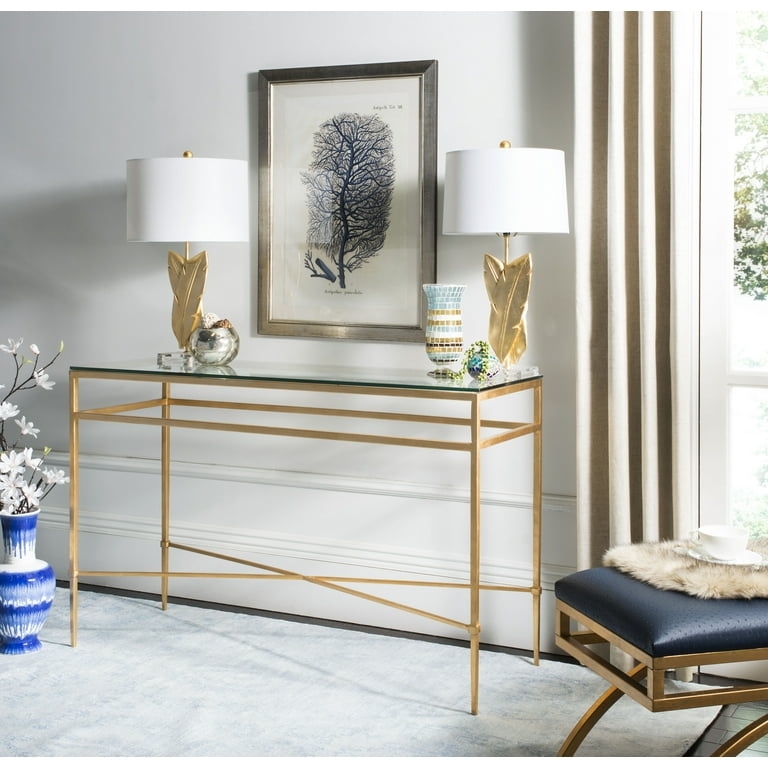 Console Table Brass Tone X-Stretcher Double Rail Glass Top