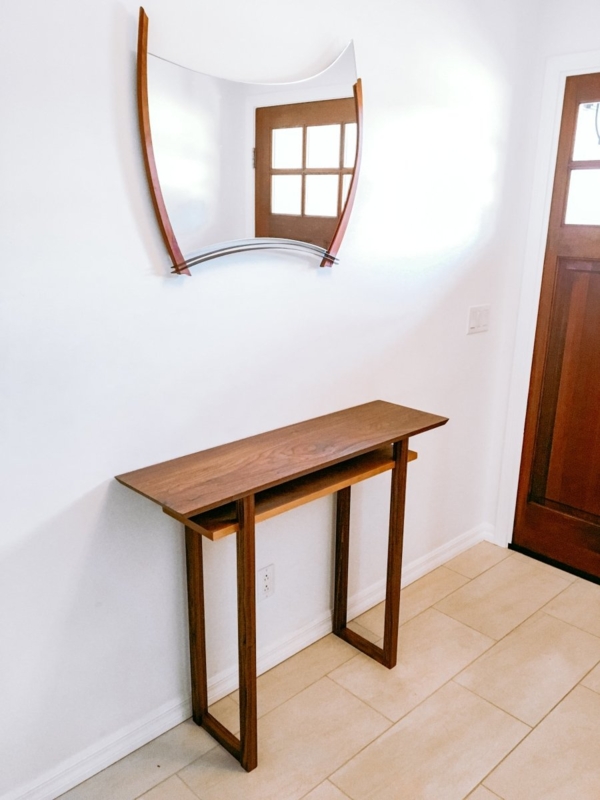 Console Table Cantilevered Top Mixed Wood Tones Walnut Cherry Two Tier