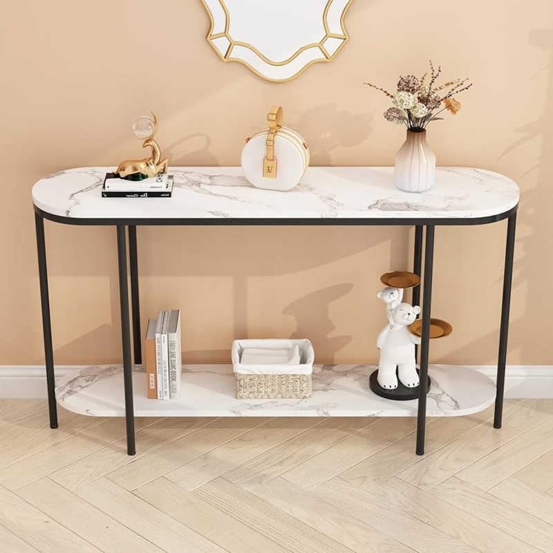 Console Table Capsule Shape Two-Tier Marble Look Black Frame