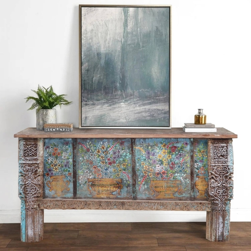 Console Table Carved Pillar Legs Distressed Teal Rustic Floral Panels