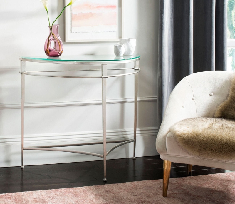 Console Table Champagne Silver Demi Lune Three Leg Base Glass