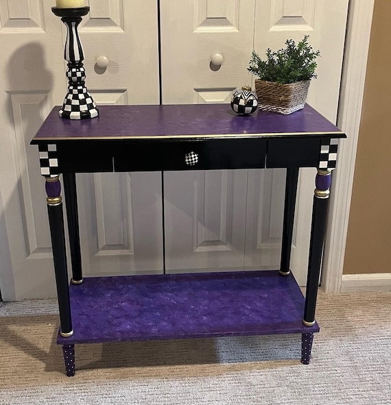 Console Table Checkered Pattern Eclectic Marbled Purple Finish Tapered