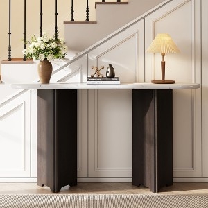Console Table Curved Sculptural Legs Oval Marble Top Dark Wood Tone