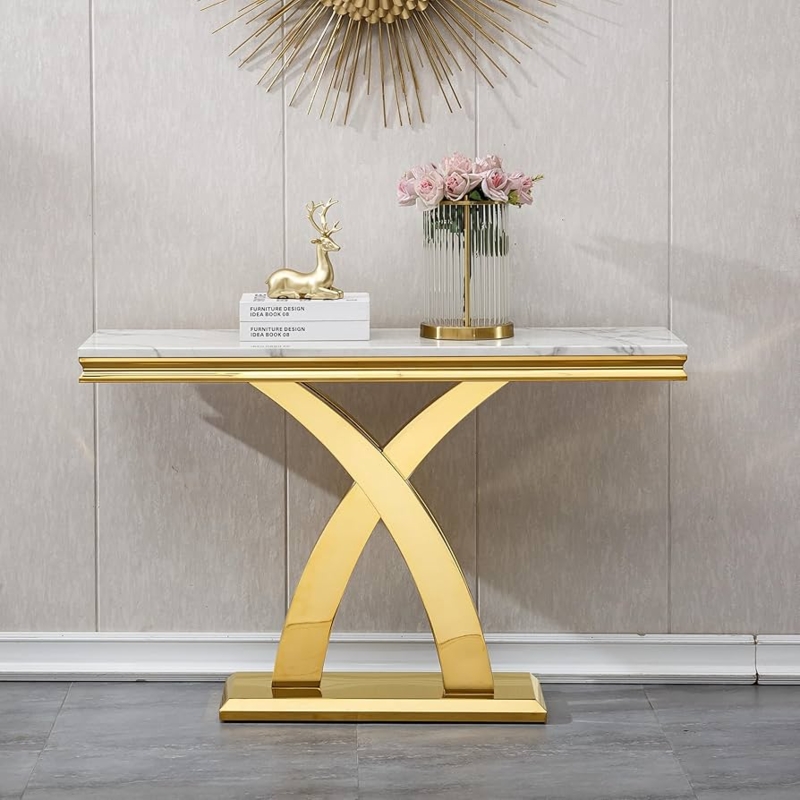 Console Table Curved X-Frame Base High-Gloss Finish Tiered Trim Glam