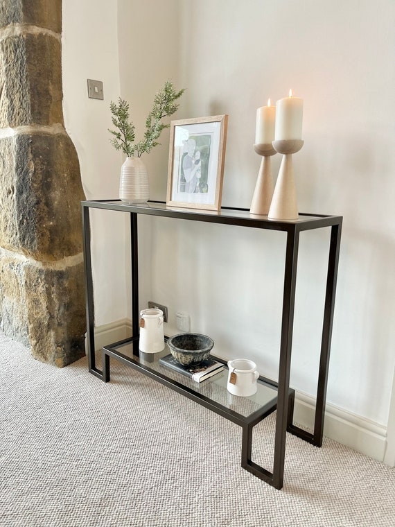 Console Table Dark Bronze Offset Lower Shelf Glass Industrial
