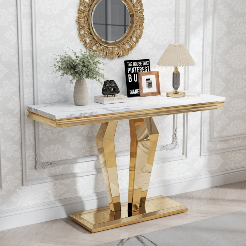 Console Table Diamond-Shaped Pedestal Base Polished Gold Mirrored