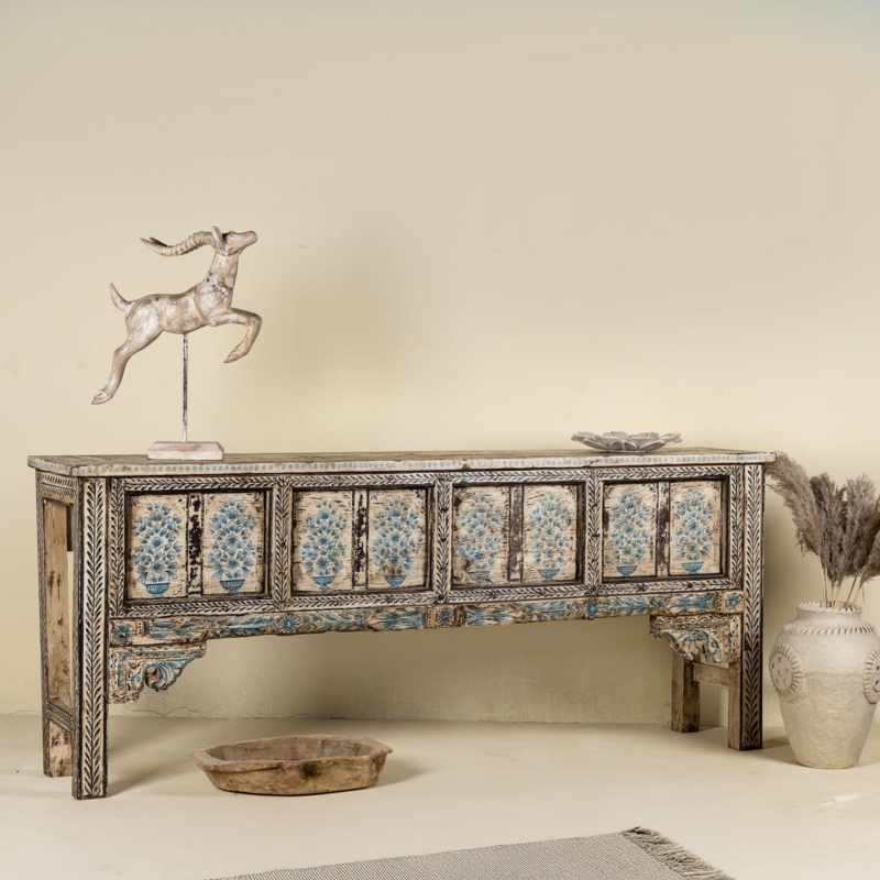 Console Table Distressed Whitewash Rustic Vintage Hand Painted Panels