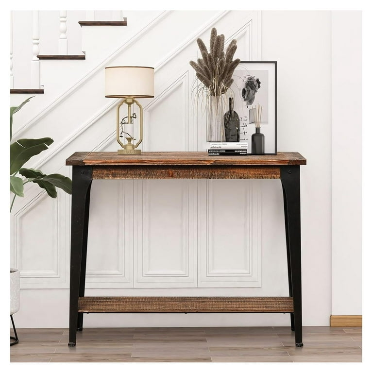 Console Table Distressed Wood Look Tapered Metal Legs Exposed Hardware