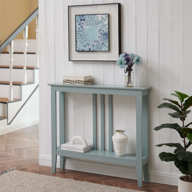 Console Table Dusty Blue Vertical Slats Coastal Cottage Storage