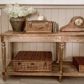 Console Table: Farmhouse Style with Turned Legs and Open Shelf.
