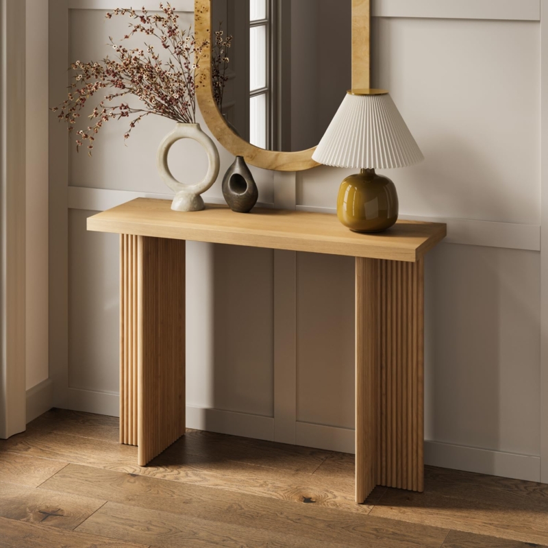 Console Table: Fluted Pillar Legs with Vertical Ribbing.