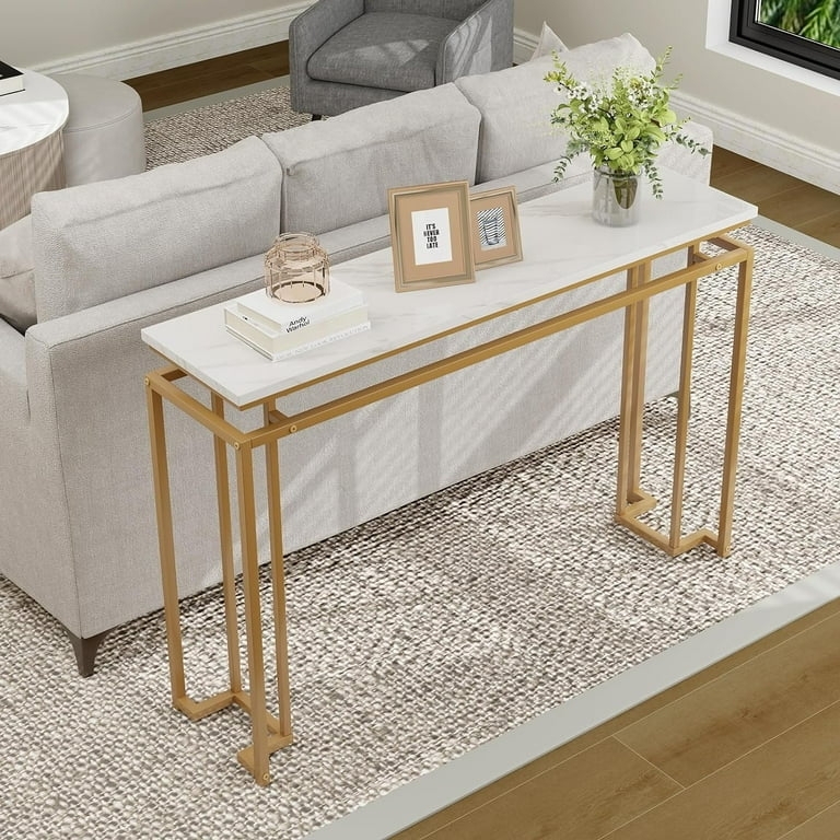 Console Table Geometric Base Slim Profile Polished Finish Marble Top