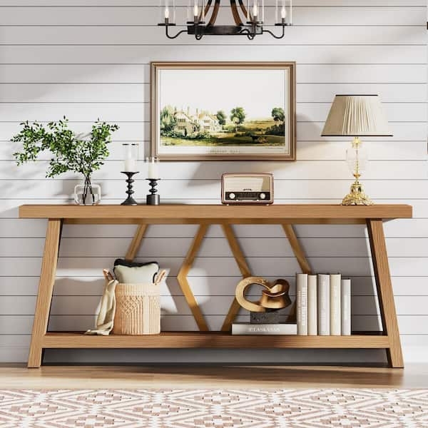 Console Table: Geometric Diamond Brace and A-Frame Legs.