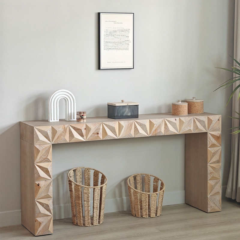 Console Table: Geometric Faceted Carving, Light Oak Wood.
