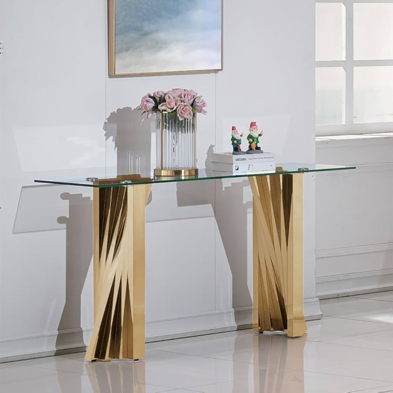 Console Table Gold Geometric Pedestal Base Tempered Glass Top