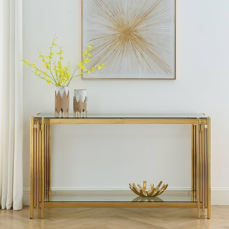 Console Table Gold Vertical Rod Frame Staggered Glass Glam