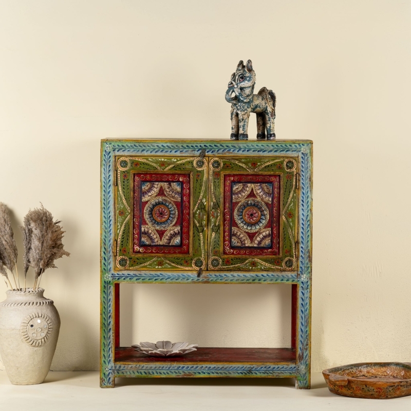 Console Table Hand Painted Mandala Bohemian Distressed Sage Green