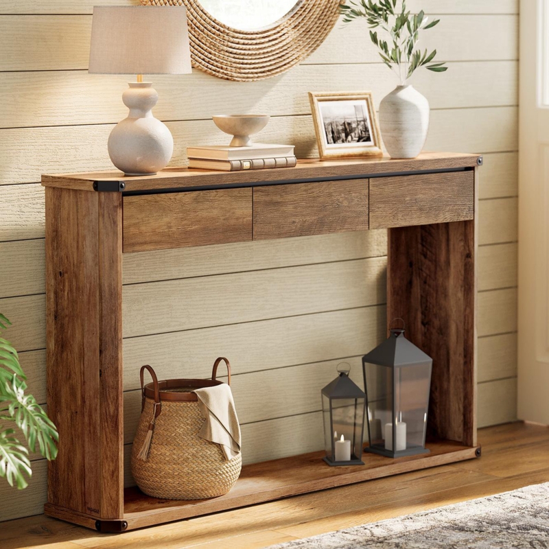 Console Table Honey Brown Three Drawers Black Corner Accents Rustic