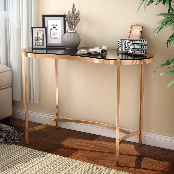 Console Table Kidney Shaped Black Glass Top Gold Metal Glam