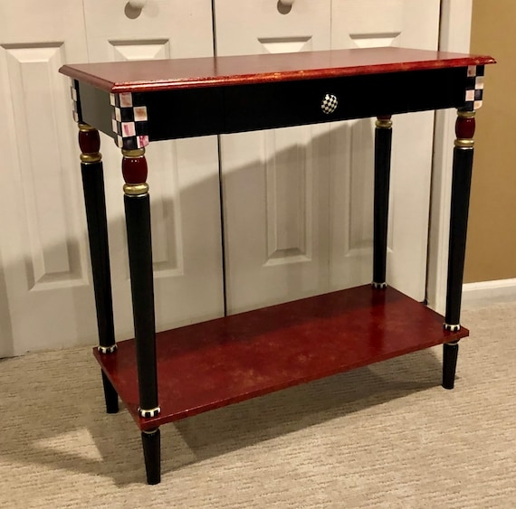 Console Table Marbled Burgundy Finish Hand Painted Checkerboard Accents