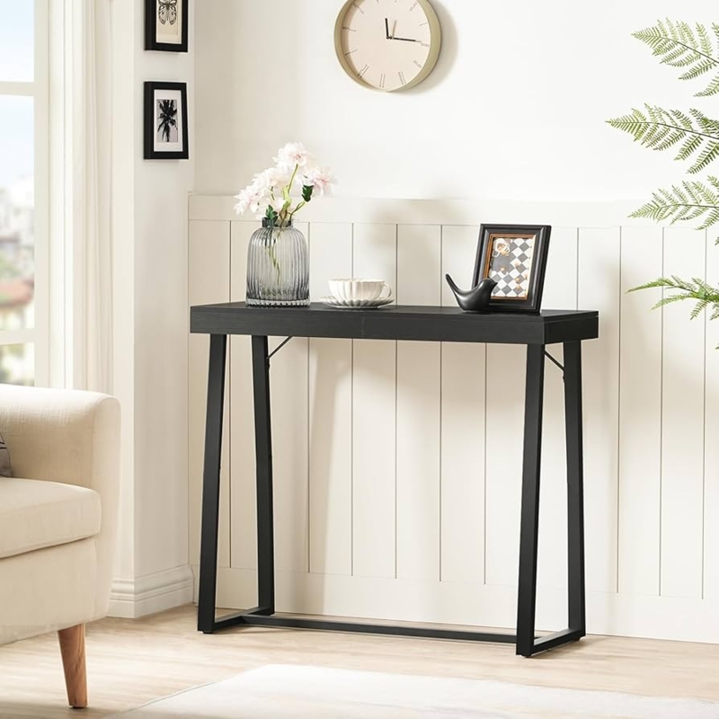 Console Table Matte Black Slim Profile Open Base Side Braces Modern