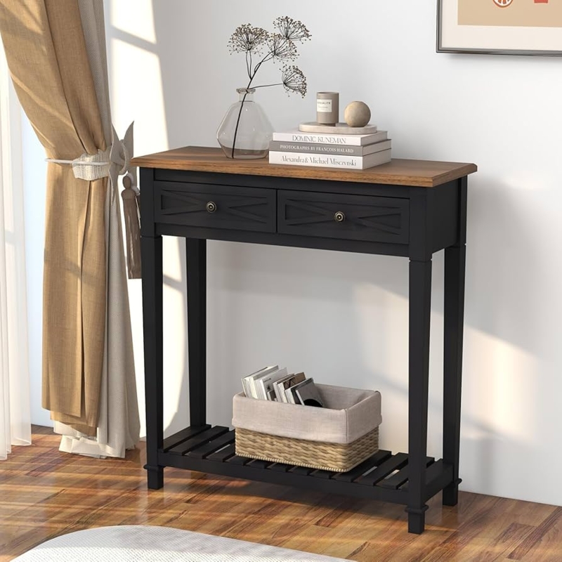 Console Table Matte Black X-Pattern Drawers Slatted Shelf Farmhouse
