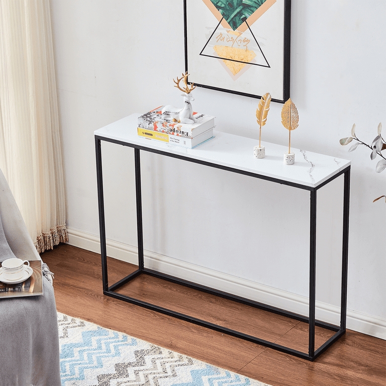 Console Table Minimalist Matte Black Metal Frame Marble Top Slim