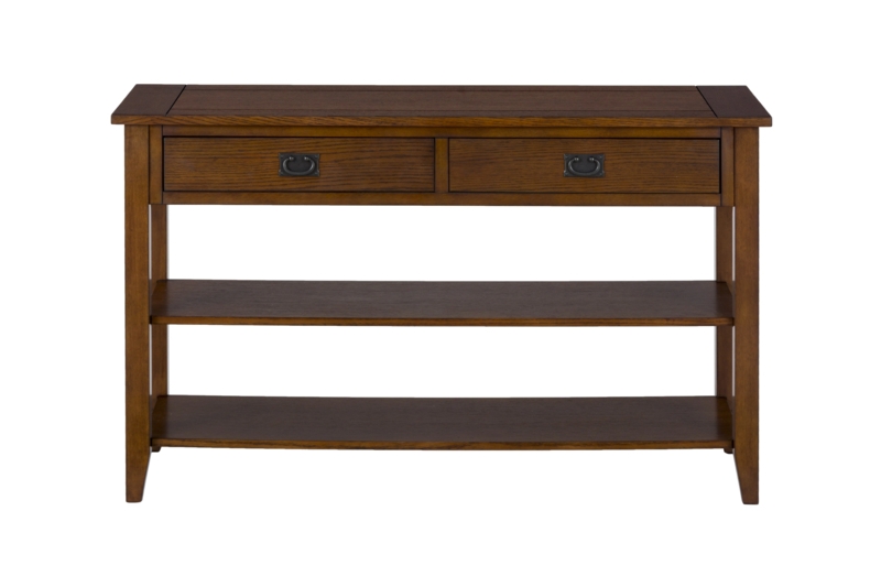 Console Table Mission Oak Brown Double Lower Shelves Breadboard Top