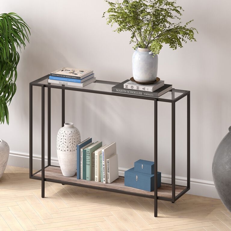 Console Table Mixed Material Glass Top Wood Toned Lower Shelf