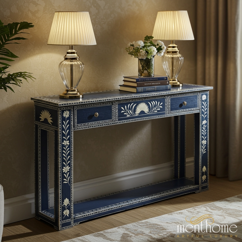 Console Table Navy Blue Finish Hand Painted Floral Motifs Traditional