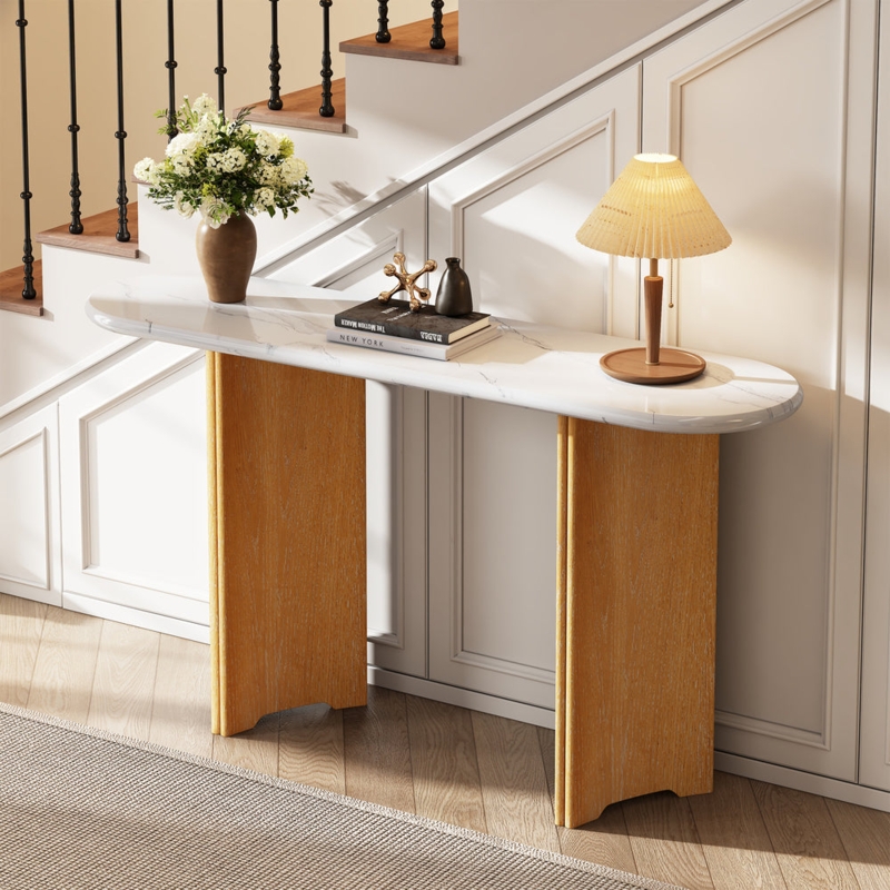 Console Table Oval Top Wood Slab Legs Organic Modern Entryway