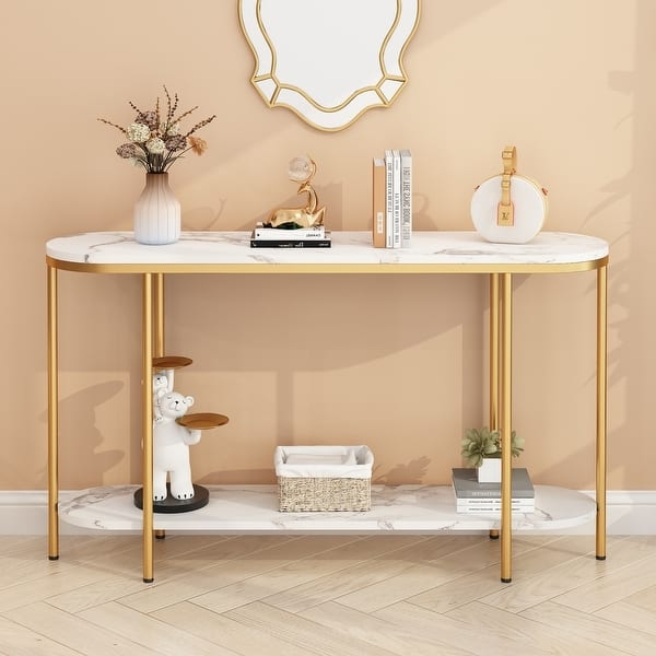 Console Table Pill Shape Two-Tier Gold Frame Rounded Ends Entryway