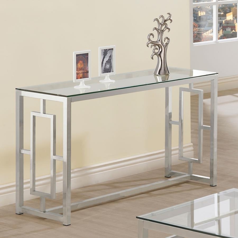 Console Table Polished Silver Geometric Motif Side Panels Glass