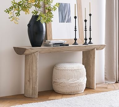 Console Table: Reclaimed Timber, Curved Slab Top, Pillar Legs.