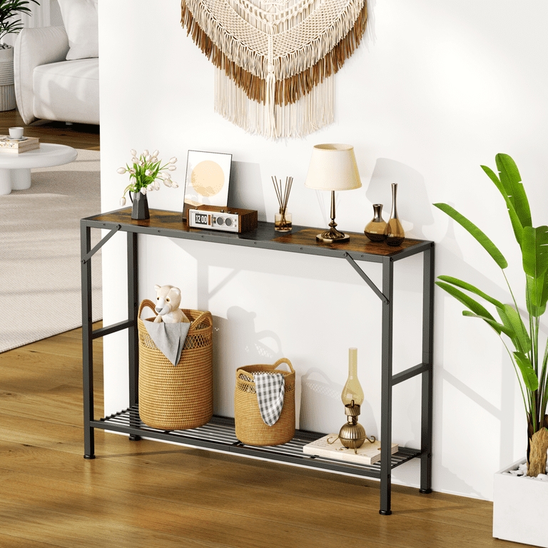 Console Table Rustic Brown Top Slatted Bottom Shelf Diagonal Braces