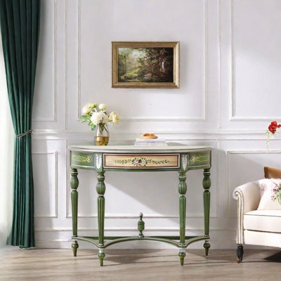 Console Table Sage Green Finish French Provincial Hand Painted Floral