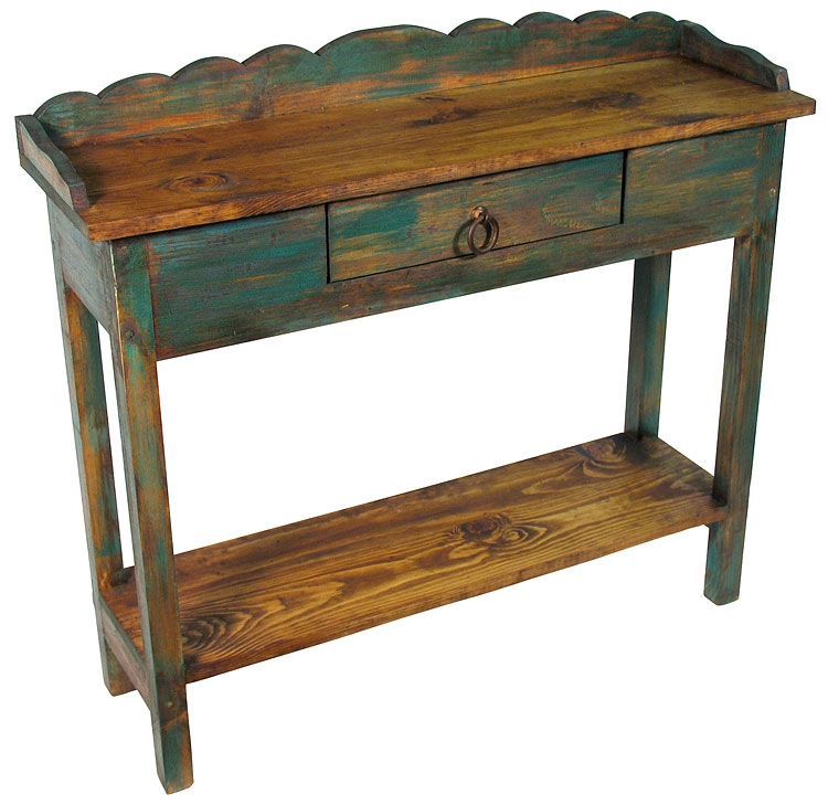 Console Table Scalloped Backsplash Rustic Southwestern Teal Distressed